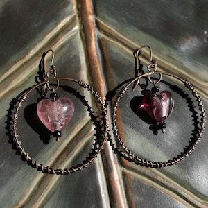 Two Hearts | Bronze Textured Hoop Earrings with Mismatched Glass Beads | Whimsical, Fantasy, Witchy Jewelry