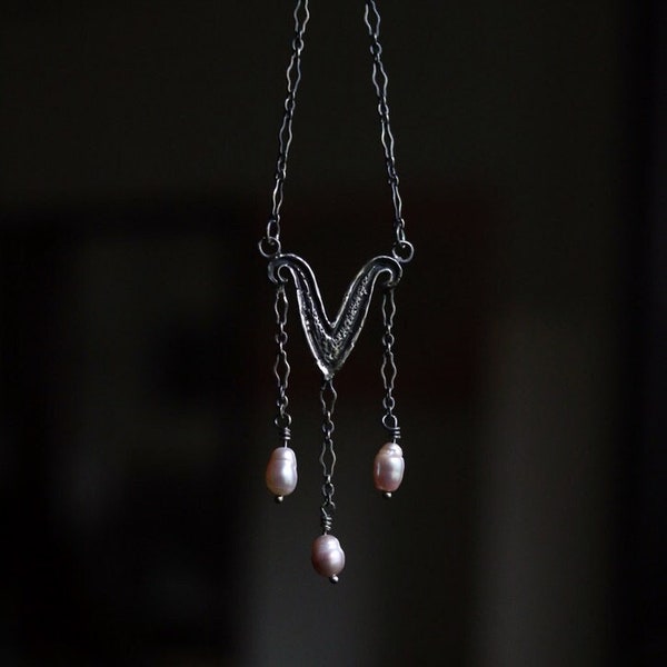 Penelope Necklace | Sterling Silver and Mauve Pink Baroque Pearl Chandelier Necklace | Gothic, Medieval, Witchy Jewelry