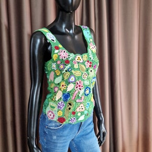 Woman Hand knitted crochet top, Unique Top, hand made lace summer Top, Crochet elements, Hand knit top with colorful crochet  flowers
