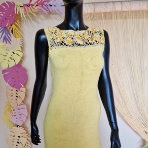 Hand-Knit Yellow Elegance: Ladies&#39; Unique Silhouette Dress with Crocheted Lace, Size M, bodycon Dress, Summer cotton dress, ChicKnitwear