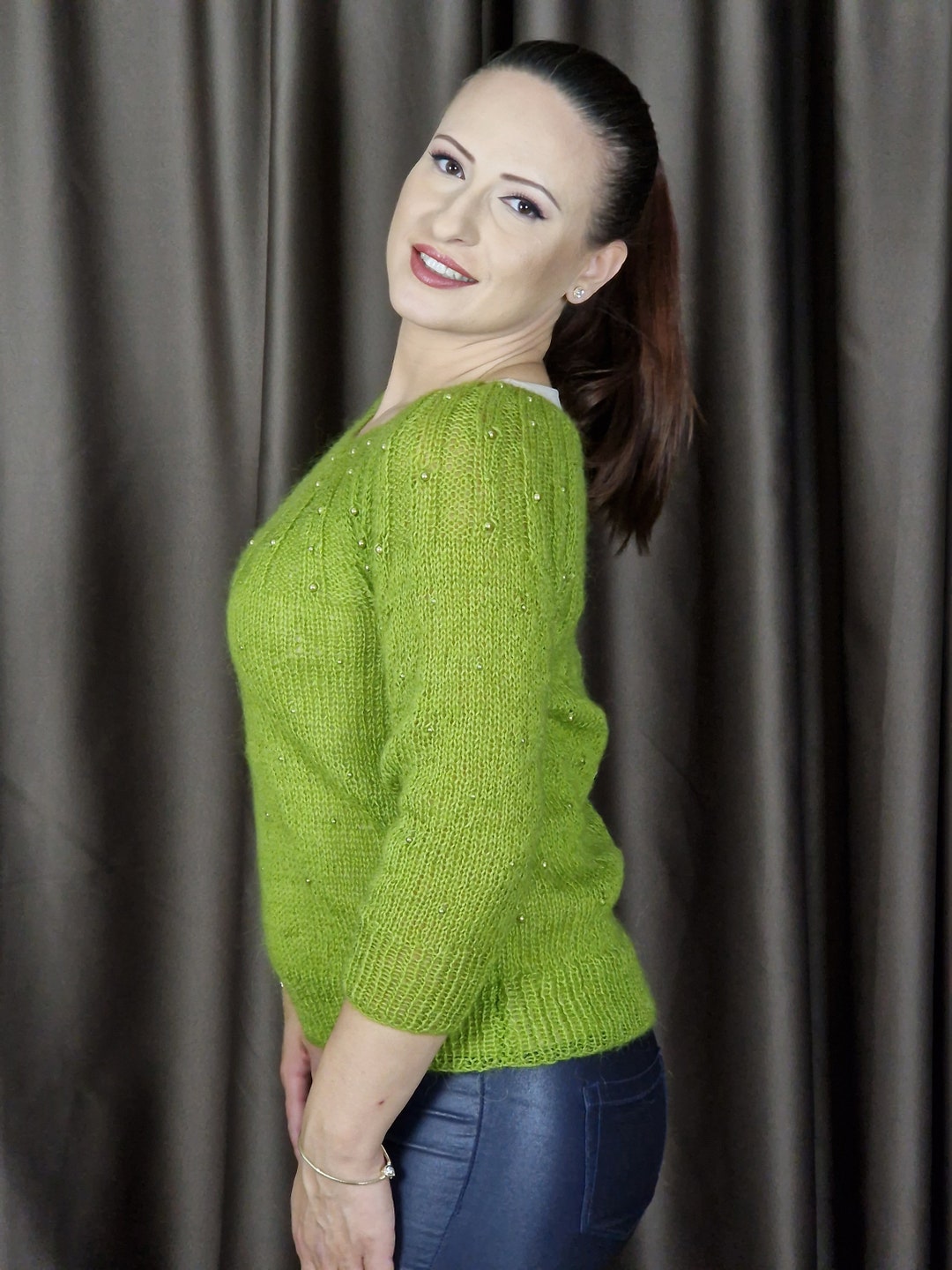 Woman Handcrafted Green Sweater, Mohair Knitwear, Pearl
