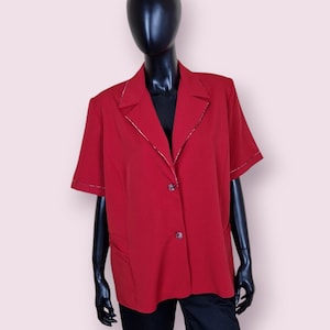 Handmade Vintage Red Short-Sleeve Jacket with Decorative Trim - Unique Statement Piece,Women&#39;s Outerwear, Classic Style
