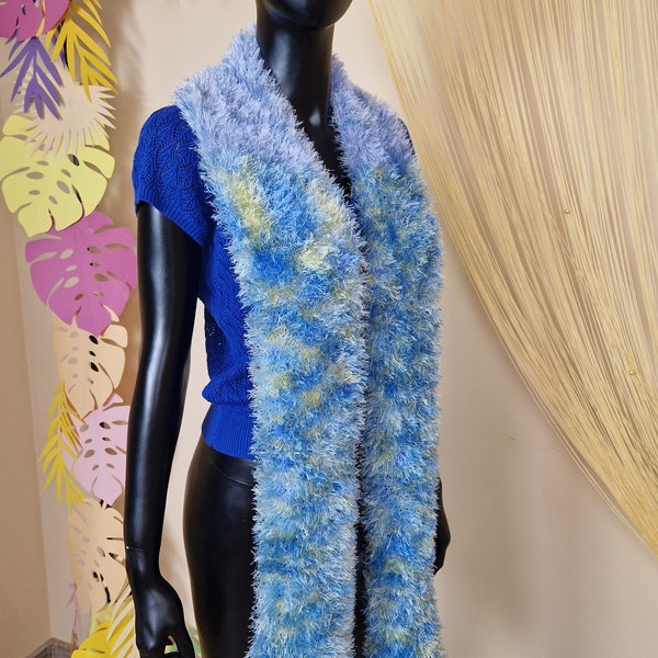 Vintage Winter Scarf, Knitted Scarf, blue and yellow Fluffy Scarf, Women knitted fluffy Scarf