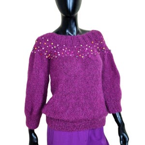 Hand-Knitted Mohair Blouse Sweater, Deep Purple, Colorful Pearl-Embellished Neckline, Soft, Lightweight, Elegant Design for Women