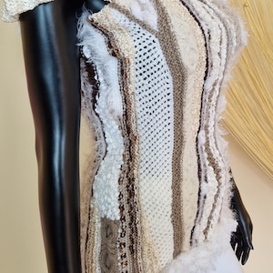 Woman Hand knitted sweater, White and brown top without sleeves, Knit fluffy sweater, White, Beige Elegant blouse, Extravagant top