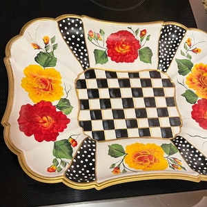 Tray, Platter, Decorative Platter, Checks and rose platter, Hand painted platter, Painted tray, Home decor, Decorative tray