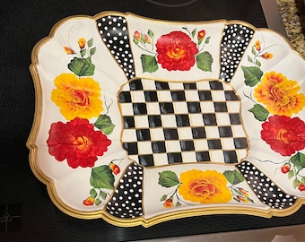 Hand Painted Tray, Checks, Roses, Gold Rim, Home Decor