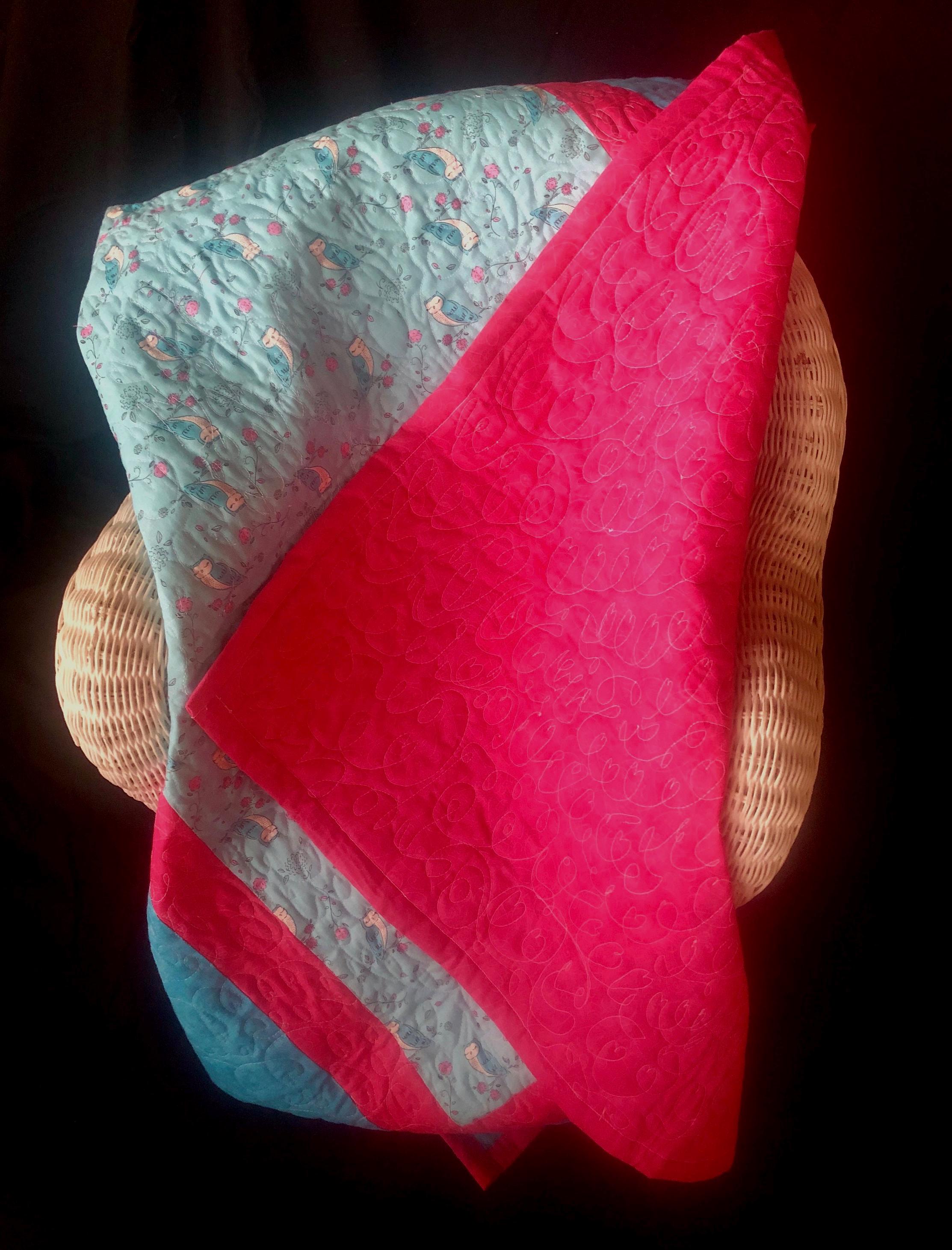 Handmade Owl Baby Quilt, Pink and Blue Cotton