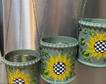 Hand Painted Sunflower Tin Can Set, Recycled Hanging Planters