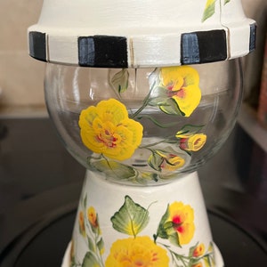 Clay pot candy jar, Hand painted candy jar, Painted candy jar, Glass candy jar, Custom made candy jar, Night light, Yellow rose candy jar