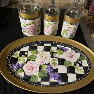 Hand painted platter set, Checkered platter, Platter set, Platter and can set, Decorative platter, Rose and poppie platter, Painted tray