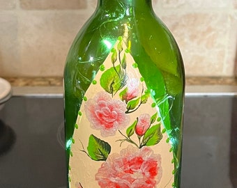 Painted wine bottle, Rose painted wine bottle, Lighted painted wine bottle,Green painted wine bottle, Decorated bottle, Green glass bottle