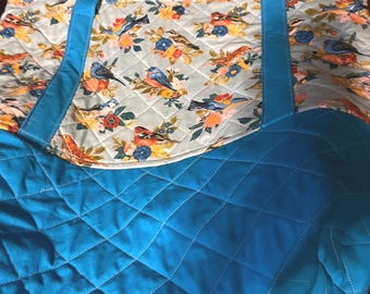 Handmade Quilted Cotton Tote Bag, Bird Flower Print, Blue