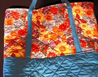 Handmade Cotton Quilted Tote Bag, Blue Butterfly Flower Print