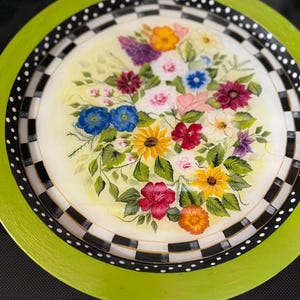 Lazy Susan, Hand Painted Lazy Susan, Checked Turntable, Painted Turntable, Wooden painted turntable, Checked and flower painted turntable