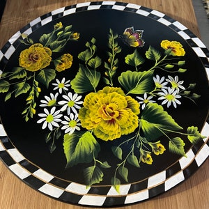 Lazy Susan, Hand Painted Lazy Susan, Turntable, Painted Turntable, Flower Lazy Susan, Checkerboard and flower painted turntable
