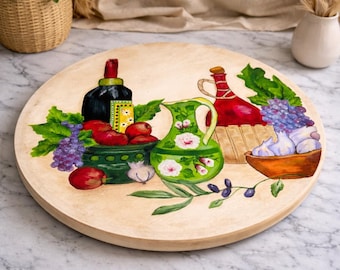 Hand Painted Lazy Susan, Wine and Fruit Decor, 13" Bamboo Turntable