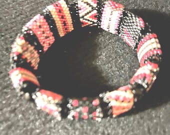 Handmade Beaded Stretch Bracelet, Salmon, Poppy Red, and Black Seed Beads