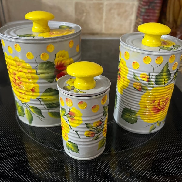 Tin cans, Painted tin cans, Flower painted cans, Recycled tin cans, Upcycled tin cans