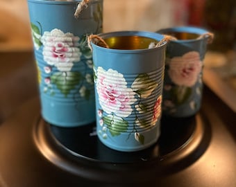 Hand Painted Tin Can Set, Recycled Floral Bumblebee Decor