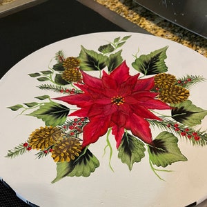 Lazy Susan, Hand Painted Lazy Susan, Turntable, Painted Turntable, Poinsetta painted lazy susan, Poinsetta and pine cone lazy susan