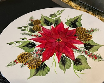 Hand Painted Poinsettia Lazy Susan, Wooden Turntable (14x14)