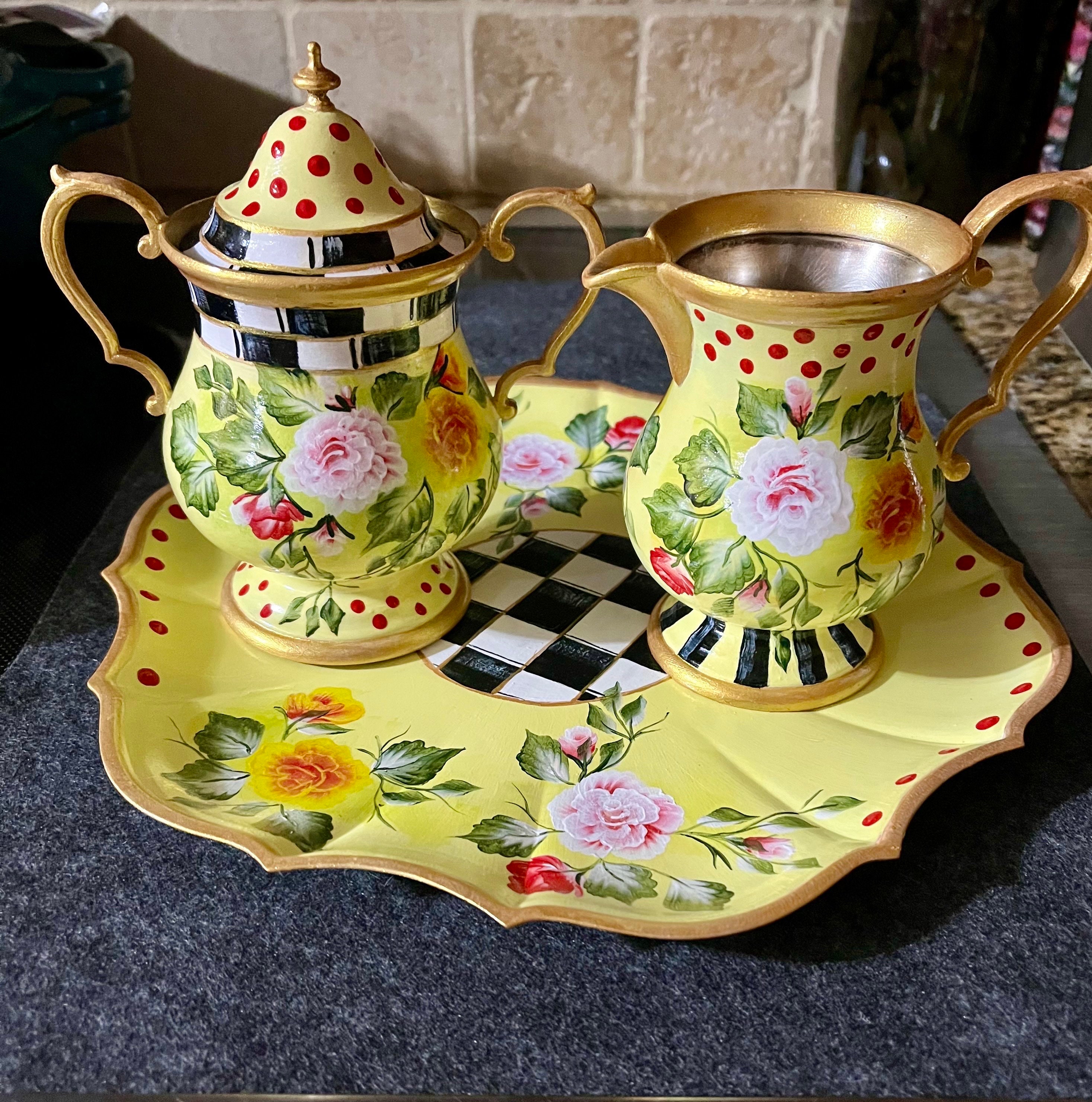 Hand-painted Floral Sugar and Creamer Set With Tray, Decorative Tray - Etsy