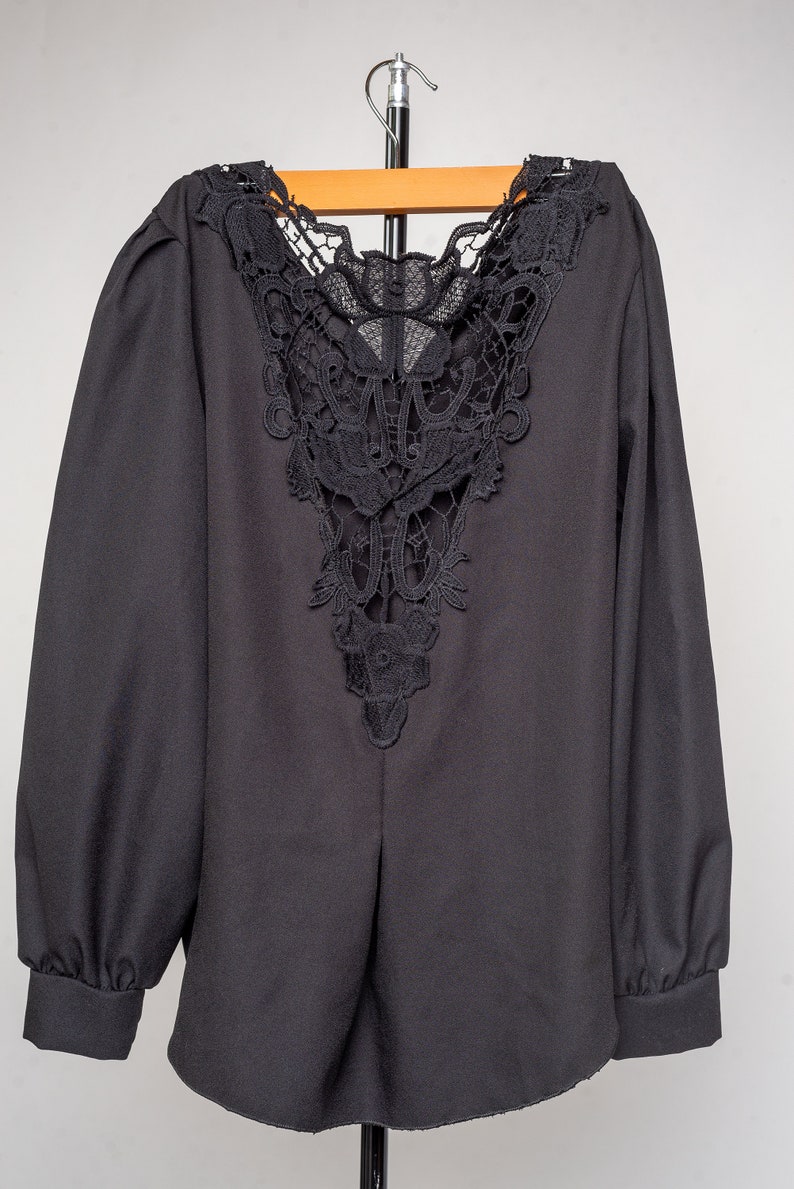 Vintage Black Long Sleeve Blouse Size Medium Black Lace Shirt
