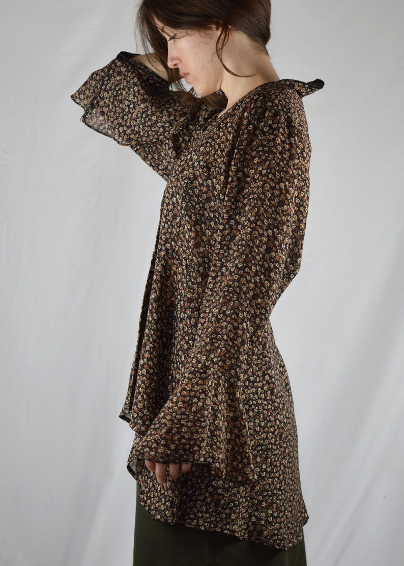 90s Vintage Long Brown Boho Floral Tunic Size 7-8