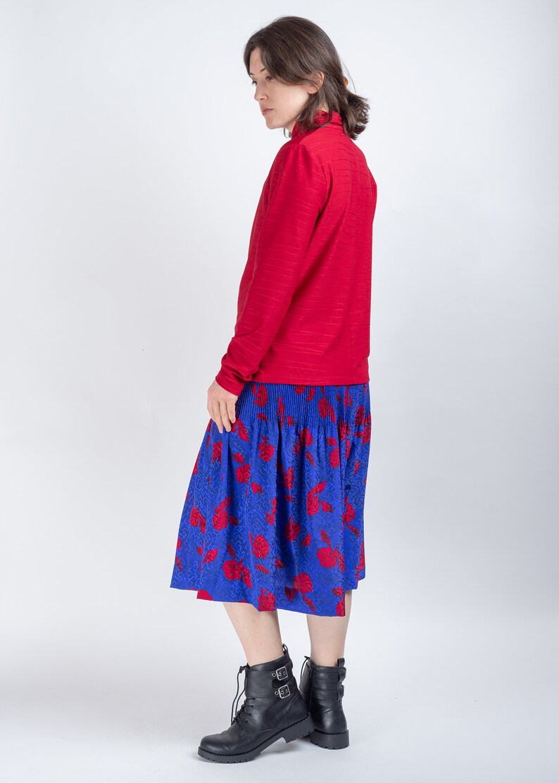 Women Vintage Blue Pleated Floral Midi Skirt Size Small