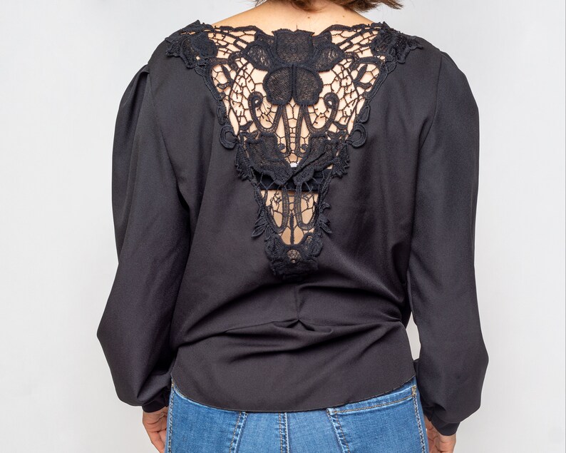 Vintage Black Long Sleeve Blouse Size Medium Black Lace Shirt