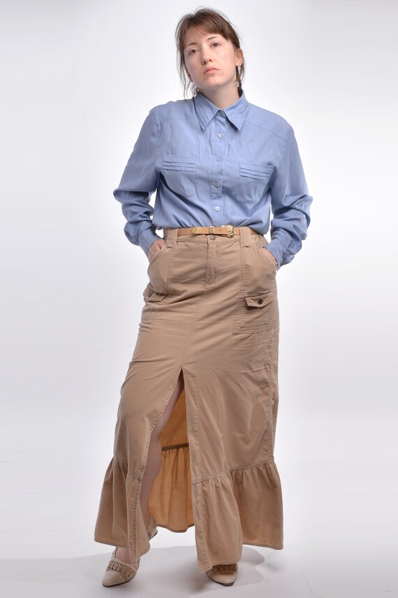 Vintage Beige Corduroy Flared Maxi Skirt Size Medi