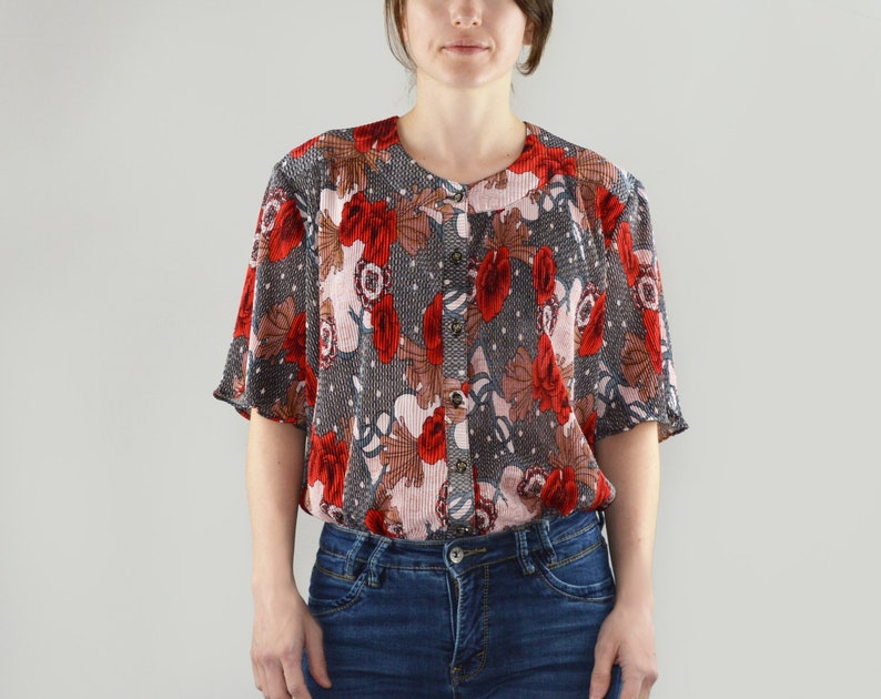 80s Vintage Floral Blouse Size Large Oversized Smocked Floral Top