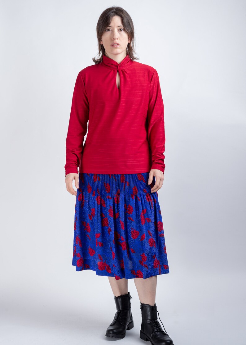 Women Vintage Blue Pleated Floral Midi Skirt Size Small