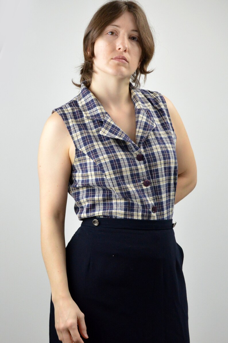 90s Vintage Plaid Sleeveless Shirt Size Medium Cotton and Linen Blend Blouse