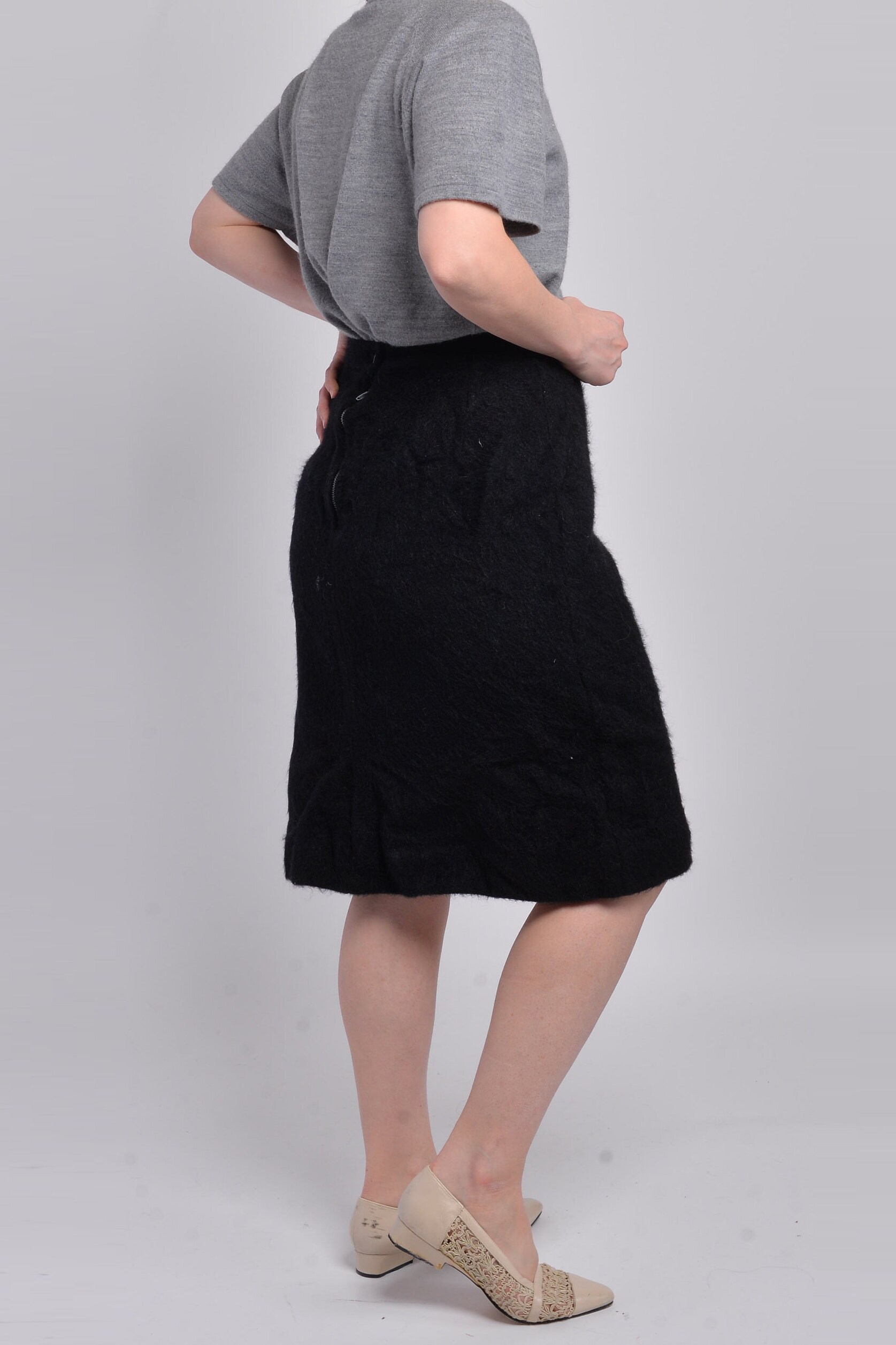 black wool knee length skirt