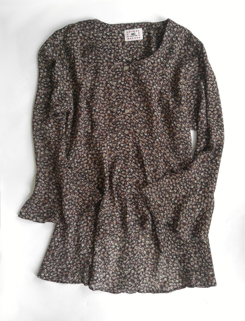 90s Vintage Long Brown Boho Floral Tunic Size 7-8