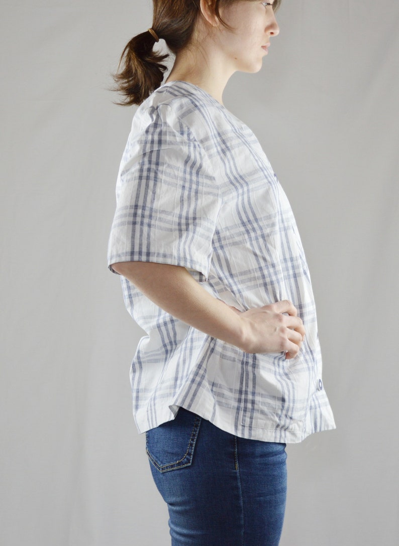90s Vintage White Windowpane Plaid Blouse Size 11 Vintage Plaid Button Up Shirt