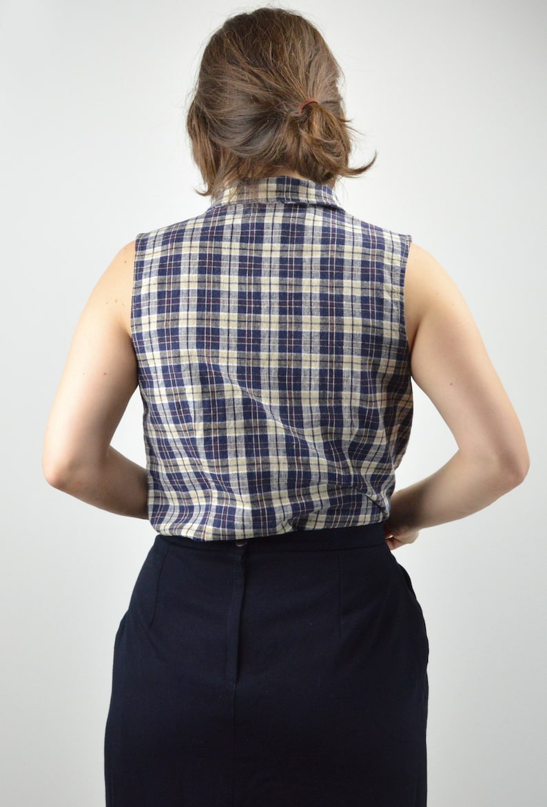 90s Vintage Plaid Sleeveless Shirt Size Medium Cotton and Linen Blend Blouse