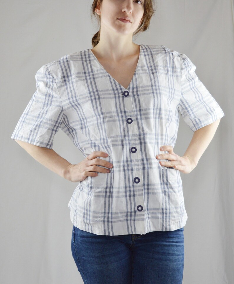 90s Vintage White Windowpane Plaid Blouse Size 11 Vintage Plaid Button Up Shirt