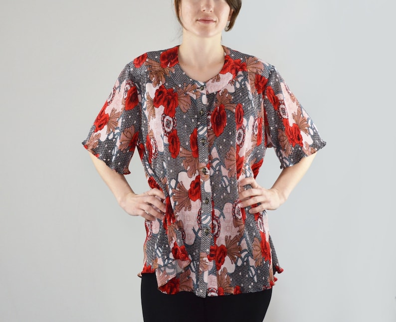 80s Vintage Floral Blouse Size Large Oversized Smocked Floral Top