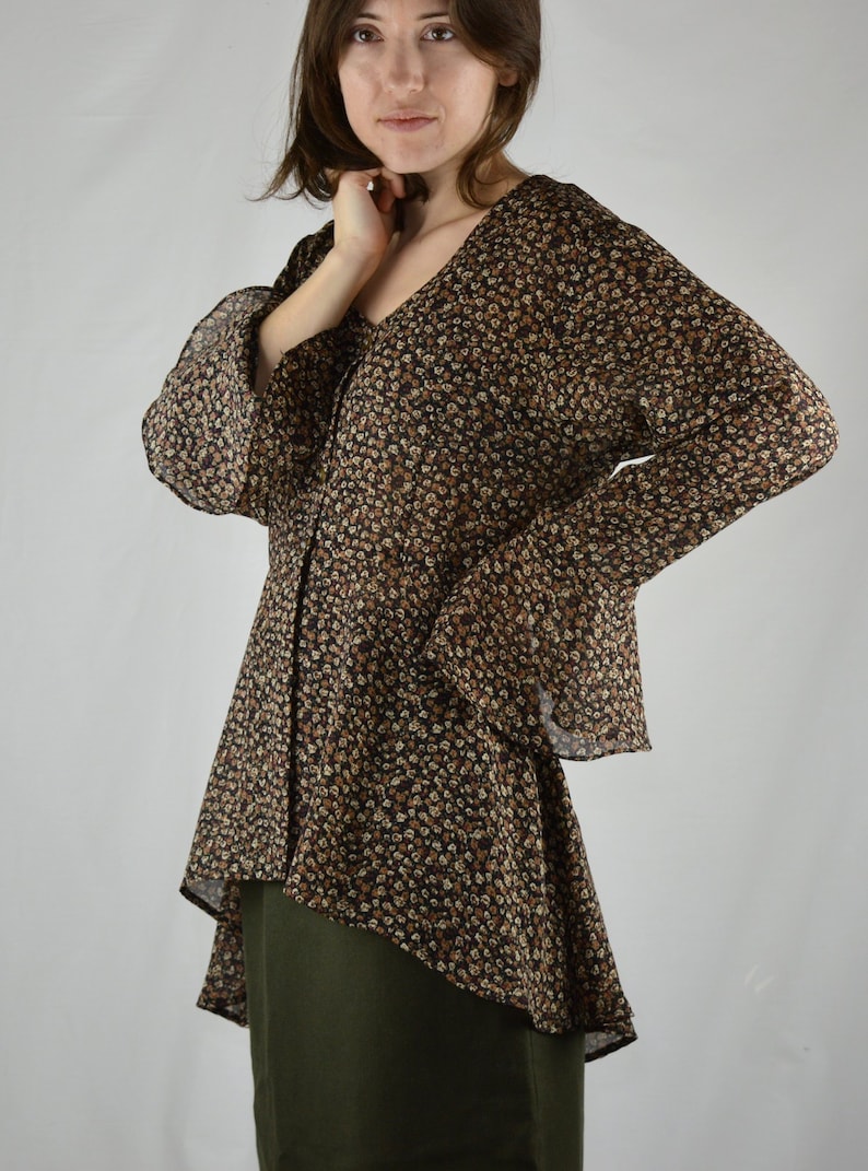 90s Vintage Long Brown Boho Floral Tunic Size 7-8