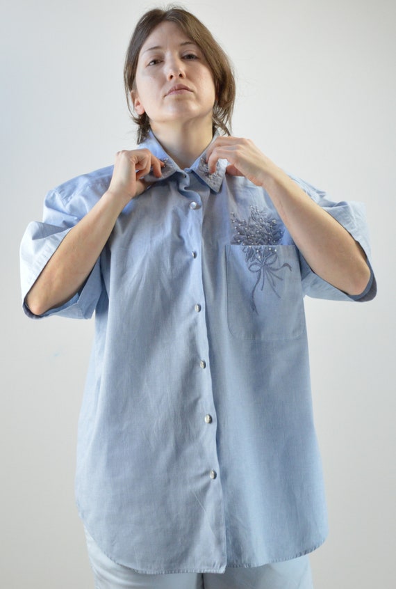 Vintage Light Blue Chambray Cotton Blouse Size XL