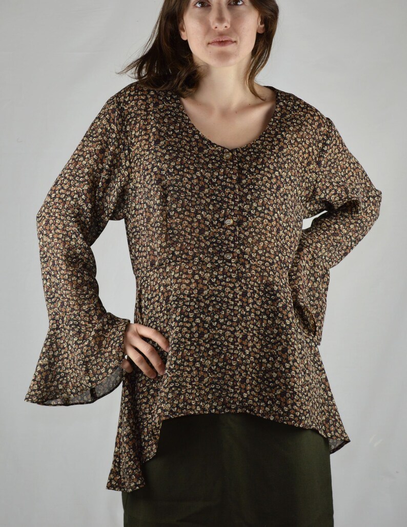 90s Vintage Long Brown Boho Floral Tunic Size 7-8