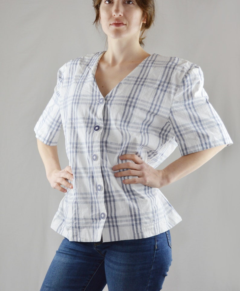 90s Vintage White Windowpane Plaid Blouse Size 11 Vintage Plaid Button Up Shirt