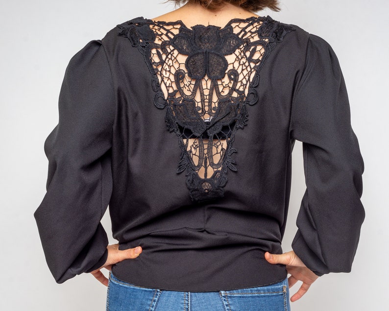 Vintage Black Long Sleeve Blouse Size Medium Black Lace Shirt