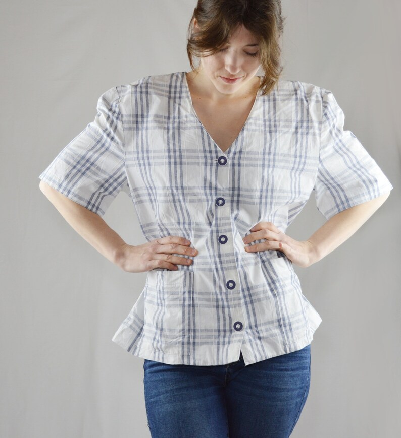 90s Vintage White Windowpane Plaid Blouse Size 11 Vintage Plaid Button Up Shirt