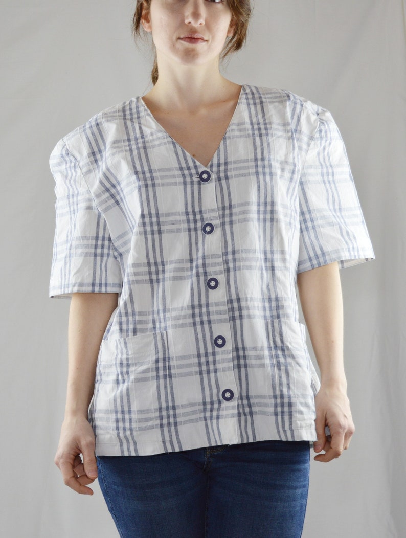 90s Vintage White Windowpane Plaid Blouse Size 11 Vintage Plaid Button Up Shirt