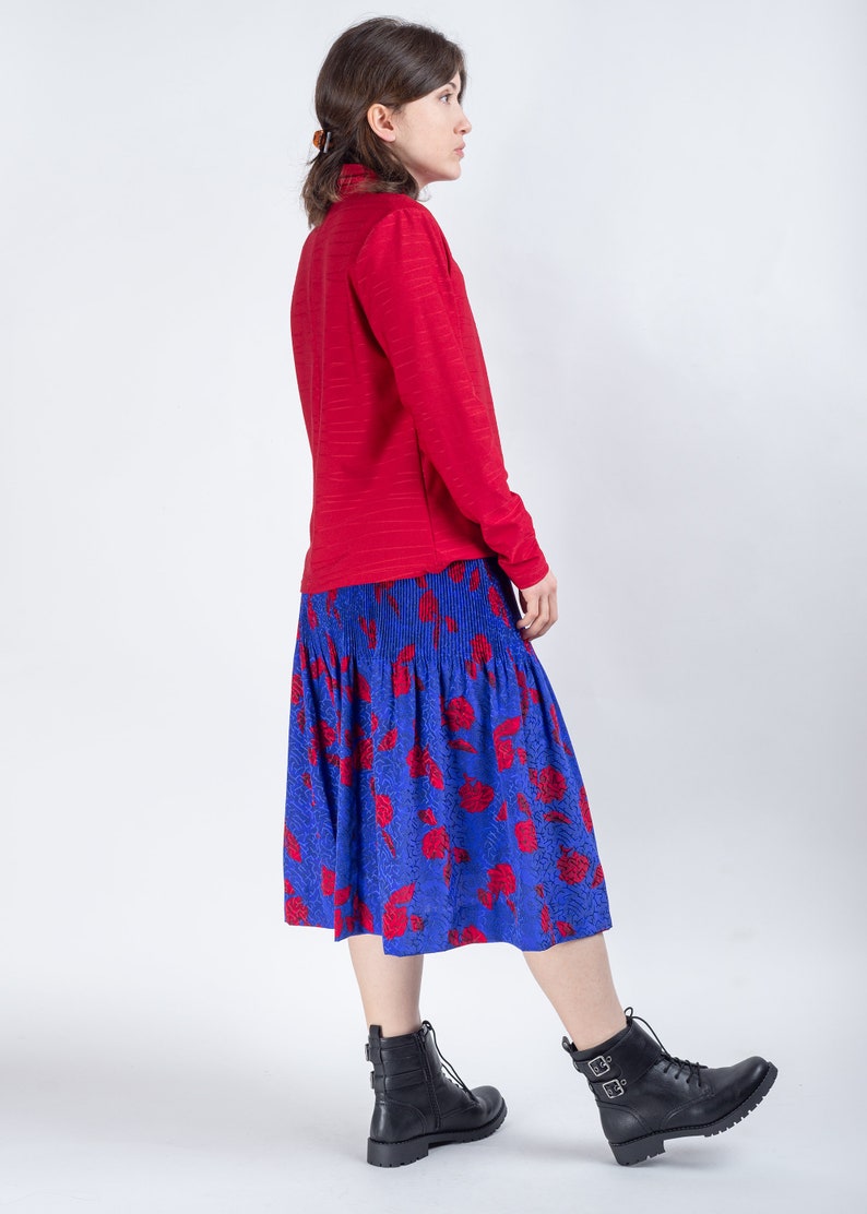 Women Vintage Blue Pleated Floral Midi Skirt Size Small