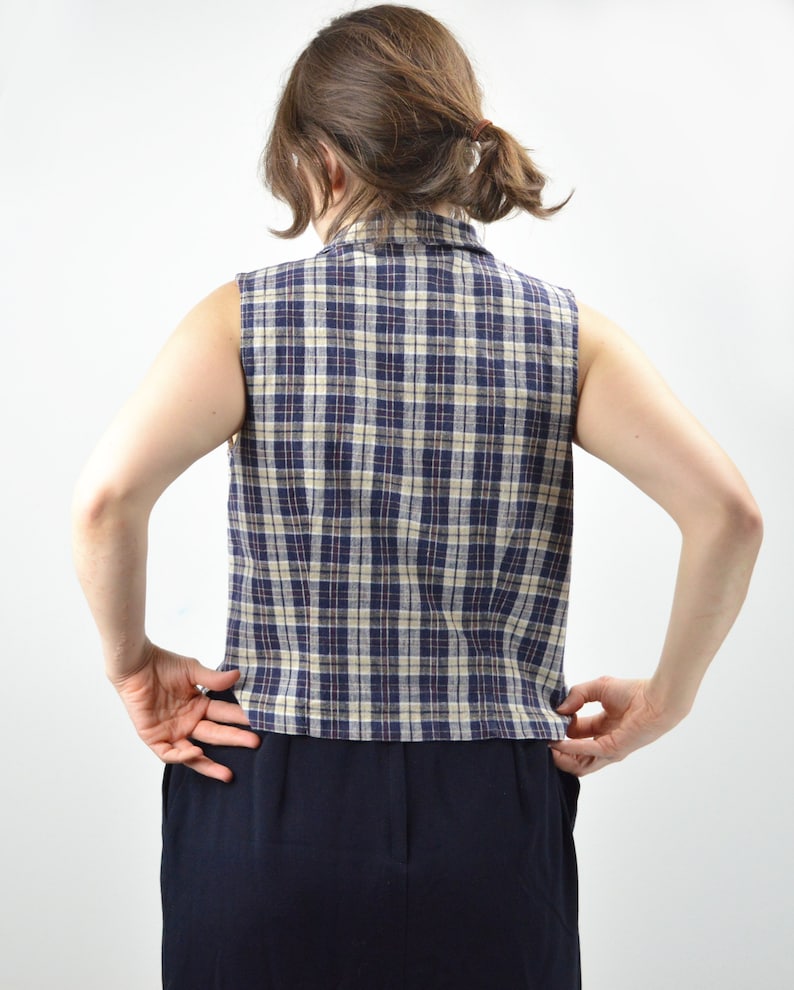 90s Vintage Plaid Sleeveless Shirt Size Medium Cotton and Linen Blend Blouse